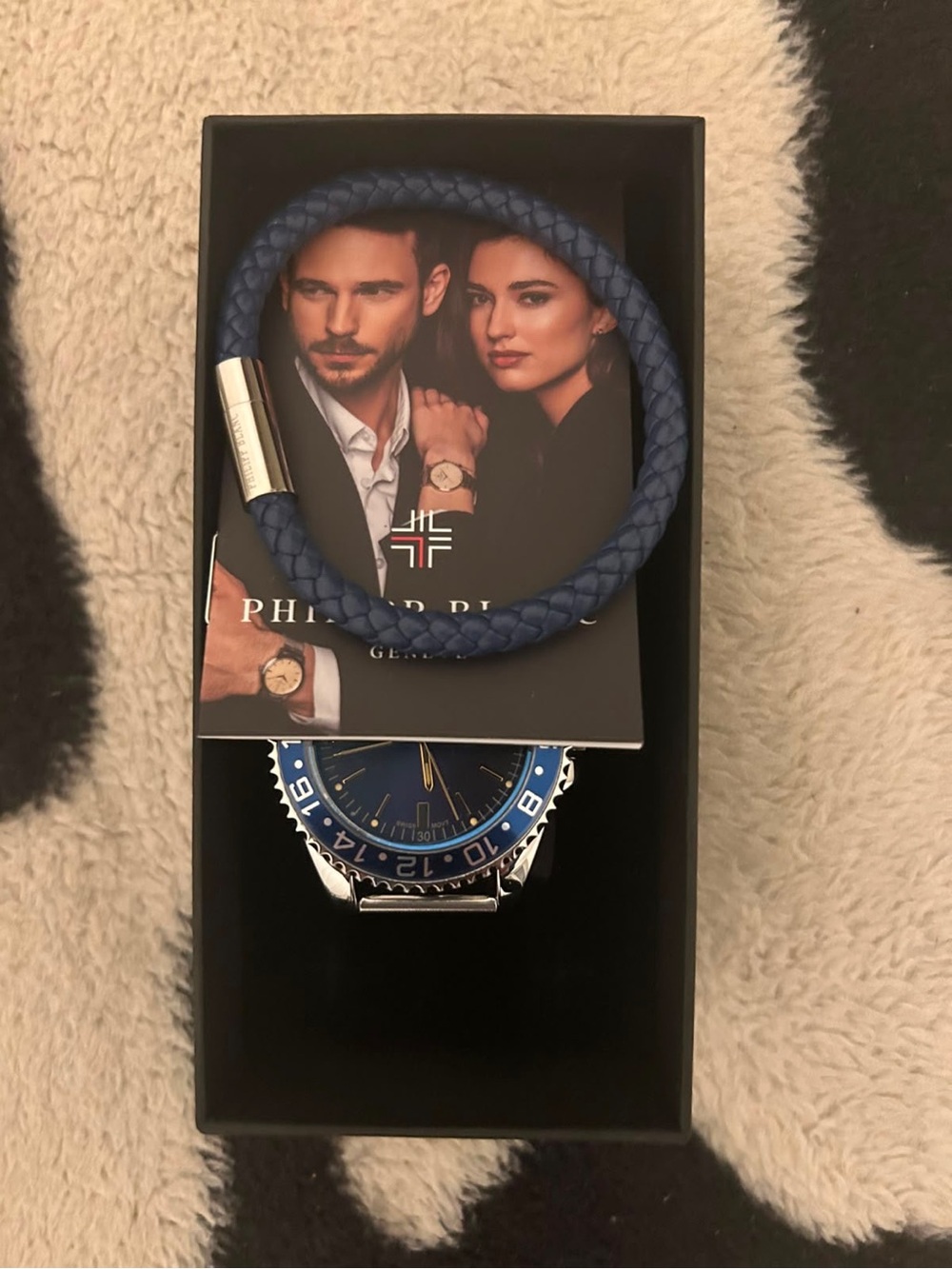 Philipp Plein Men’s Braided Navy Blue Leather Bracelet with Silver Clasp